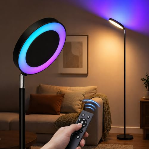 LEOEU RGB LED Stehlampe 180 cm, Doppelseitige Stehleuchte dimmbar mit Fernbedienung, CCT 3000K/4000K/6500K & 7 RGB Farben, drehbarer Lampenkopf, Timer, Standlampe für Wohnzimmer Büro