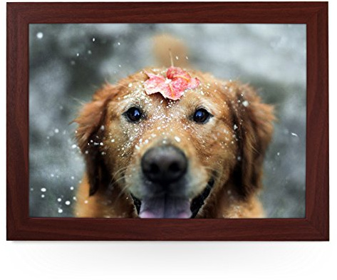 Portable Lap Desk Tray (Dog in Snow) Handmade Wooden Frame, Beanbag Cushioned Bottom | Computers, Laptops, Meals, Food | L0025 Brown