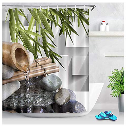 VYEKL Rideau de Douche en Pierre Noire en Pierre de Source de Zen de Rideau Vert de Salle de Bains de Tissu de Polyester de Fibre de Bambou Vert, décoration à la Maison 180 * 200Cm