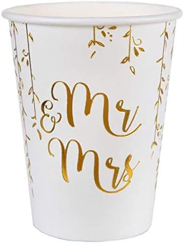 Party-Becher/Papp-Becher/Einweg-Geschirr MR & MRS weiß & gold Hochzeits-Dekoration Hochzeit-Accessoires Garten-Hochzeit Zubehör Sektempfang 20 Becher