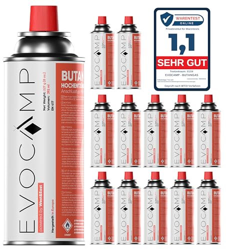 EVOCAMP Bouteilles de gaz Butane 227g pour réchaud de Camping, Chauffage au gaz ou brûleur de Mauvaises Herbes, Cartouche de gaz Type MSF-1a, pressurisée Universelle (12X)