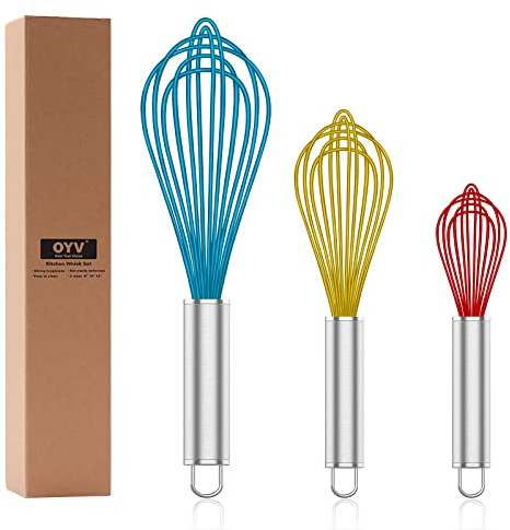 OYV Whisk,Sturdy Stainless Steel Wires Coated in Professional Silicone,3 Pack Whisks for Cooking,Mini Whisk,Colored Balloon Egg Beater for Blending,Whisking,Beating,Stirring,Cooking,Baking (Multi)