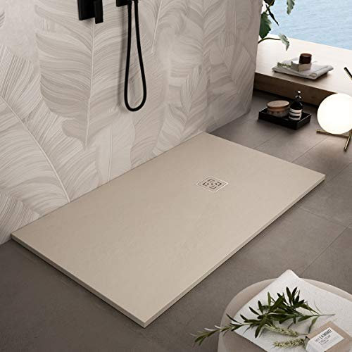 Essence ArredoBagno Piatto Doccia Resina 200x90 - Effetto Pietra Antiscivolo con GELCOAT - Modello Rome Crema - Griglia e piletta Incluse