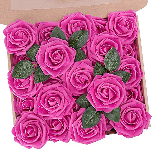 N&T NIETING Künstliche Blumen Rosen, 25 Stück Kunstblumen Gefälschte Künstlichen Rose mit Stielen, Künstlichen Rosen für DIY Hochzeit Blumensträuße Braut Zuhause Valentinstag Dekoration, Heißes Rosa