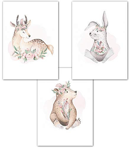 Lemmami Papeterie 3er Set Wandbilder Kinderzimmer Babyzimmer Poster Bilder DIN A4 Mädchen Junge Boho Deko Dekoration Bär Reh Hase (3er Bilder Set Rosa, Pastell, Wanddeko)