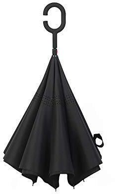 WOWGADGET Paraguas invertido con mango en C - Negro - Sombrilla de doble capa. A prueba de viento - Resistente al viento y a los rayos UV- Protege de la lluvia, la tormenta y el sol.