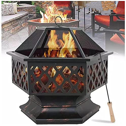 BDXZJ Brasero Extérieur, Foyer de Barbecue/Chauffage 24Inch Hexagonal Foyer pour Jardin Chauffage de Gril en Bois avec Poker Adapté Au Parc de Plage de Camping de Terrasse