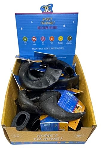 Honey I'm Home, Medium Buffalo Horn Hard Dog Chew, 15 Piece Bulk Box - All Natural, Free Range, Healthy, Grain Free & Honey Coated