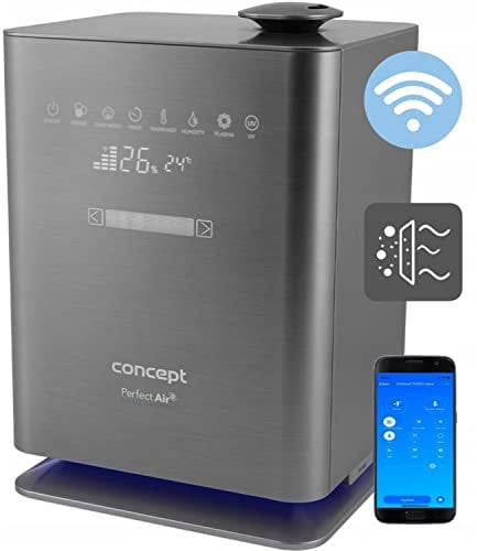 Concept Hausgeräte ZV2021 Luftbefeuchter für Räume bis zu 50 m2 Aromadiffusor UV Lampe UVC Touch-LED-Display Wi-Fi Timer Automatische Feuchtigkeitskontrolle, Grau