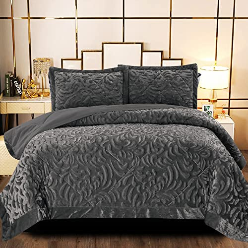 B&B Heavy Quilted Bedspread 3pcs Large Bed Throw with Hypoallergenic Pillow Set - Luxurious Super King Size Bed Throws and Bedspreads Velvet- Grey