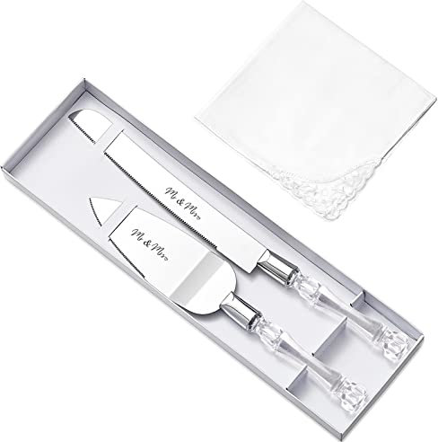 Set of 3 Wedding Cake Cutting-Mr and Mrs Wedding Cake Knife Cake Pie Pastry Servers and White Lace Handkerchief,Cake Cutter and Server Set Perfect for Wedding,Birthday,Anniversary,Parties and Events