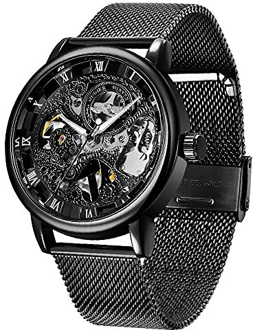 Herrenuhr Edelstahlarmband/Mesh-Armband wasserdichte Uhr Skelett Mechanische Uhr für Männer, Win067, schwarz, Klassisch