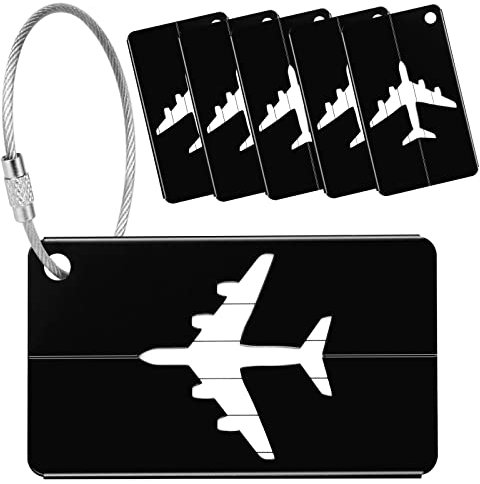Yizhet 6 x Kofferanhänger mit Adressschild, Aluminium Gepäckanhänger Koffer Schild mit Edelstahlkabel und Wasserdichte PVC Namensschild, Luggage Tags für Gepäck Koffer Tasche Handtasche (Schwarz)