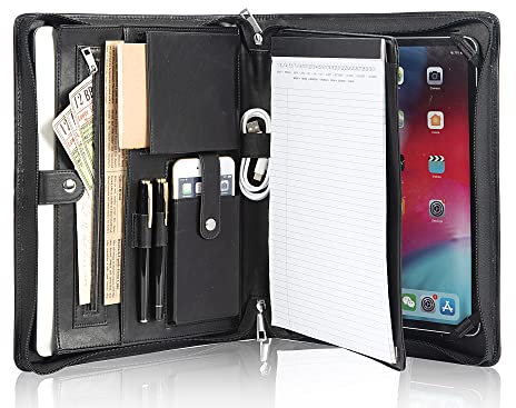 Calfinder A4 Document Folder with A4 Notepads, Vegan Leather Conference Folder Women, Zip Writing Case, Tablet Folder for iPad Pro 12.9 (2015/2017), Black
