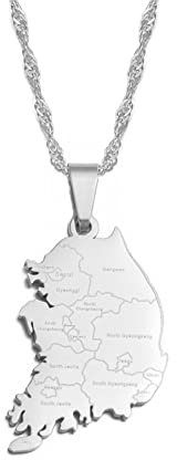 MTCDBD Republik Korea Karte Halskette Für Unisex Schmuck, Korea Karte Anhänger Mit Stadt Name Party Kleid Accessoires Ethno-Stil, Charm Patriotisches Symbol Halskette Geschenk,Silber,60Cm Kette