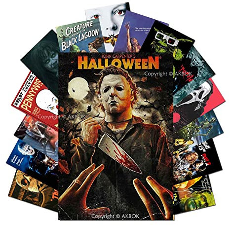 AKBOK Vintage-Horrorfilm-Poster-Set Aufkleber – Klassische gruselige Filmaufkleber Horrorfilm Wandcollage Kit für Zuhause, Bar, Kneipe, Männerhöhle, Jugendliche, Raumdekoration – 15 Stück 19.8x30 cm