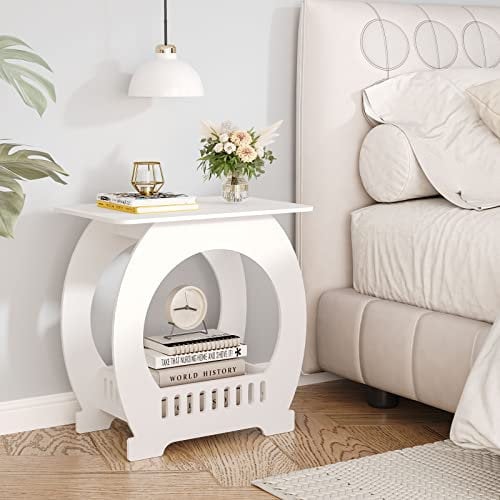 Dripex 2-Tier Side End Table with Storage Shelf Basket, White Small Bedside Table, Slim Arch Narrow Nightstand Small Spaces for Living Room, Bedroom, Bathroom, Balcony