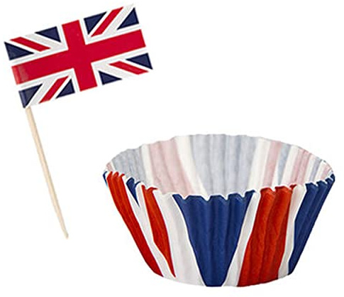 Union Jack Cupcake Cases - Pack of 12 United Kingdom Flag Disposable Cupcake Cases with a Pack of 12 Union Jack Flag Picks - United Kingdom King's Coronation Street Party Decoration