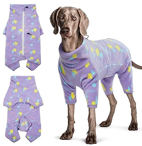 Hjyokuso Dog Winter Coat, Jacket, Jumper, Soft Fleece Pullover Pajamas, Pet Windproof Warm Cold Weather Vest Cozy Onesie Jumpsuit Apparel Outfit Clothes for Small Medium Large Dogs, Purple Geometry