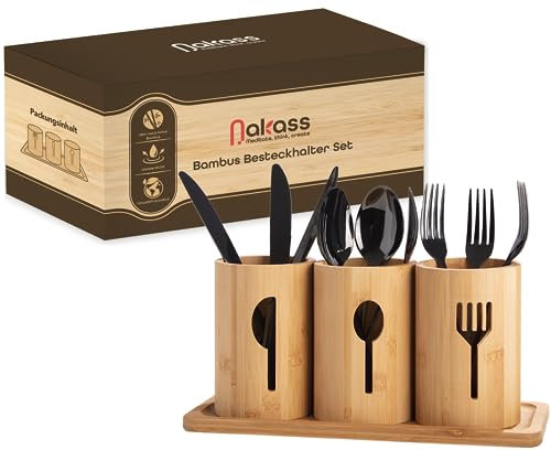 Nakass Porte-couverts en bambou 4 pièces en bois - Organisateur d'ustensiles de cuisine pour décoration de table à manger - Récipient à couverts avec base en bois - Organiseur de cuisine