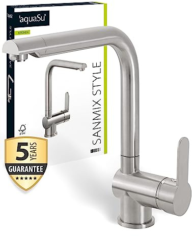 aquaSu® Niederdruck Spültischarmatur Sanmix Style, für Boiler oder Warmwasseranschluss, hoher Auslauf, Keramikkartusche, leichte Schaftbefestigung, Messingkern, Edelstahl, 797818
