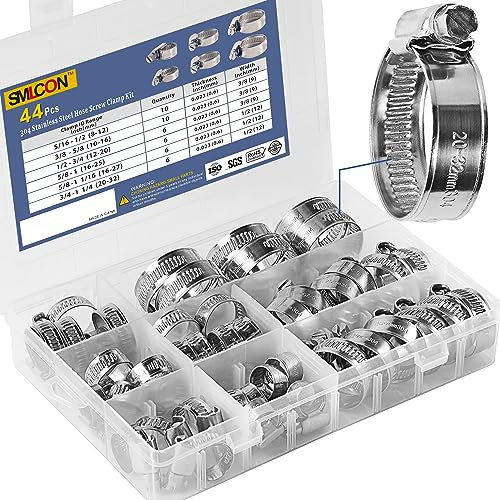 SMLCON Hose Clamp Assortment Kit - 44PCS Non-Perforated Higher Torque Heavy Duty 304 Stainless Steel Worm Gear Hose Clamps Adjustable 1/4''- 1-1/8'' Metal Fuel Line Clamp for Plumbing