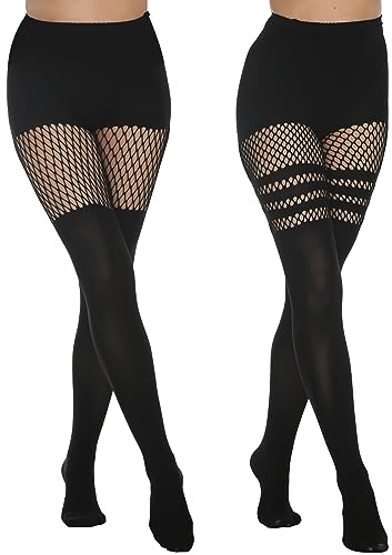 MANZI Overknee Strumpfhose Damen Schwarz Blickdichte Muster Gothic Kleidung | Gothic Strumpfhosen Damen,Overknees Strümpfe für Techno Outfit Damen,Festival Rock,2 Paar