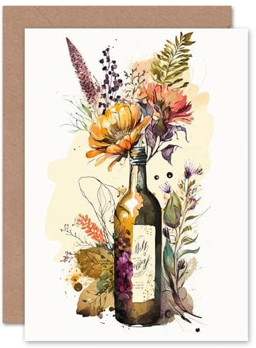 Wildflower Bouquet in Upcycled Glass Wine Bottle Flowers Nature Birthday Sealed Greeting Card Plus Envelope Blank inside