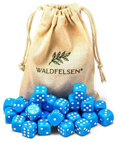 Waldfelsen 6, 12, 20, 30 oder 50 hochqualitative Würfel Standardgröße 16 mm Acrylwürfel Knobel Spielwürfel Dice 6-seitig sechsseitig Spielzubehör Set mit Stoffbeutel (Himmelblau, 30 Stück)