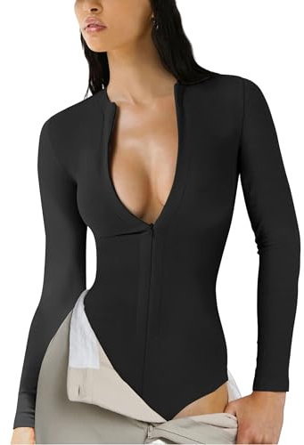 Ynhonra Langärmeliger Damen-Body mit Reißverschluss, schmale Passform, dehnbare Jumpsuits, Herbst, sexy, Shapewear für Damen (0373-Black-M), Schwarz