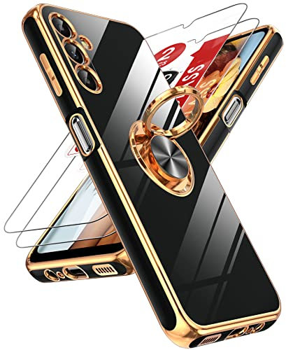 LeYi Coque pour Samsung Galaxy A14 4G/5G avec 2 Verre Trempé Vitre Protection et Anneau Telephone Rotatif à 360°, Mince en TPU Souple Etui Antichoc Housse pour Samsung Galaxy A 14 - Noir