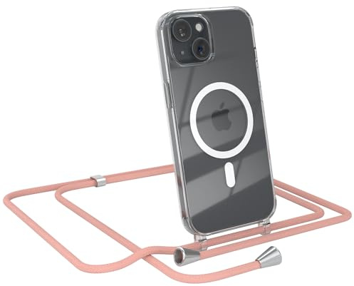 EAZY CASE - Handykette kompatibel mit iPhone 15 Kette zum Umhängen Stoßfest Handyhülle für iPhone 15 Silikon Hülle mit Band Handytasche Transparent als Fallschutz in Alt Rosa - Clips Silber