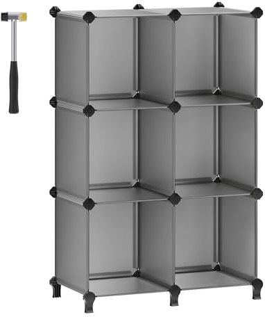 SONGMICS 6 Cube Storage Unit, Modular Plastic Cube Storage Organiser with Feet, Shoe Rack, Each Cube 30 x 30 x 30 cm, Living Room, Bedroom, Study, with Rubber Mallet, Grey LPC06G
