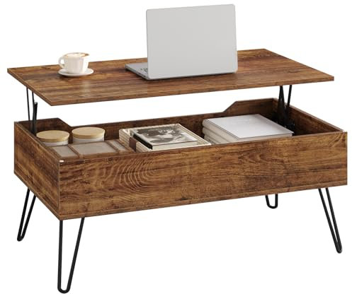 WOLTU Mesa de Centro Elevable y Extensible Con Espacio Interno, Auxiliar Con Patas Metálicas Para Salón, 95x50x(40-55,5) cm, Marrón Rústico, BTS18hov
