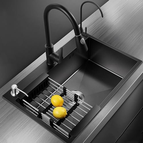 HaTur Fregadero de Cocina de Acero Inoxidable 60 * 45 cm Fregadero Un Seno Kit de Fregadero (Negro)