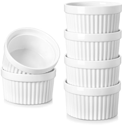 vancasso RAMEKINS 12 Oz Soufflé Förmchen Set von 6, Creme Brulee Schälchen Backofen sicher, Porzellan Soufflés, Kleine Keramik-Schalen, Mini Auflaufformen zum Backen, Weiß