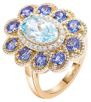 18 Karat Gelbgold Engagement Ring, Verlobungsring Damen Blütenförmig mit Ovalem 2ct Aquamarin Erstellt Saphir Größe 56 (17.8)