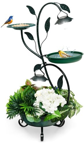 SOARS Bain d'oiseaux avec lampe solaire, mangeoire pour oiseaux, bain d'oiseaux et pot de fleurs, distributeur de nourriture pour oiseaux, décoration vintage, résistant aux intempéries, pour balcon,