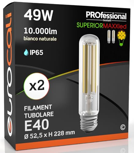 Lampada LED E40 49W Tubolare 10000 lumen Filamento Bianco Caldo 4000K - Sostituzione Alogenuri Metallici - Alta Efficienza 204 lm/W - Impermeabile IP65 - diffusore in vetro trasparente - Pacco da 2