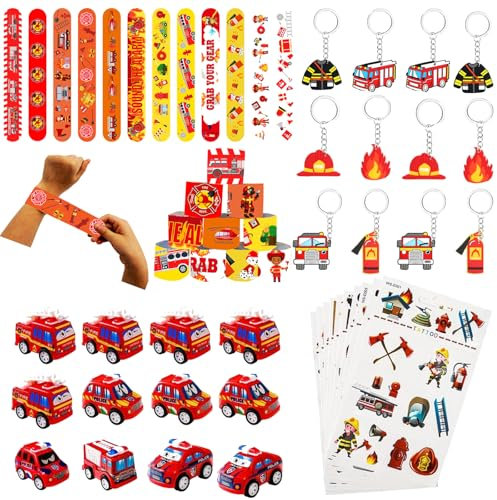Yhjxly Feuerwehrmann Party Mitgebsel,46 Stück Feuerwehr Deko Kindergeburtstag,Feuerwehrmann Party Aufkleber Slap Armbänder Schlüsselanhänger für Feuerwehrmann Geburtstag Deko