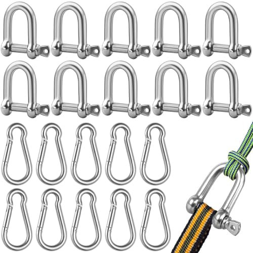 cersaty® Set di 10 grilli in acciaio inox 304 con 10 moschettoni per appendere sacchi di sabbia, alpinismo, escursioni, tiami, fune metallica, moschettoni