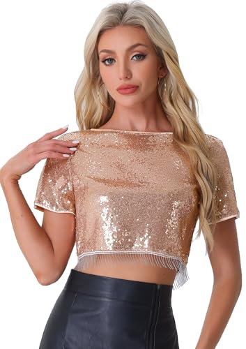 Allegra K Sequin Tops for Women Glitter Short Sleeve Cropped Round Neck Tassel Cocktail Party Dressy Blouses Sparkly Top Rose Gold M