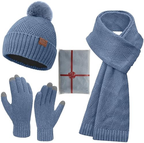 CheChury Womens Hat Scarf and Gloves Set Winter Ladies Warm Beanie Hat Long Neck Warmer Touchscreen Gloves Set Knit Skull Pompom with Fleece Lined Cold Weather set UK,Blue