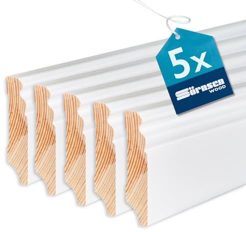 Sörnsen Wood Sockelleiste Kiefer – 16x70x2400 mm, 5 Stück hochwertige Fußleisten mit Altdeutschem Profil – weiß RAL 9016 lackiert und damit extra langlebig