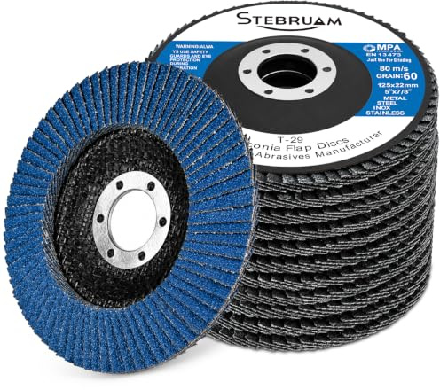 STEBRUAM 10 Pcs Dischi Lamellari 125 mm,Disco Abrasivi per Grana 60 | dischi per smerigliatrice Angolare a Batteria, GWS, BTI, Acciaio Inossidabile Metallo e Legno (blu)