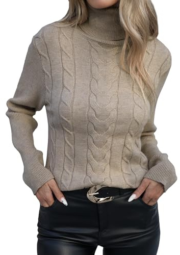 iChunhua Basic Plain Slim Fit Cable Knit Turtleneck Jumper Sweater with Side Split