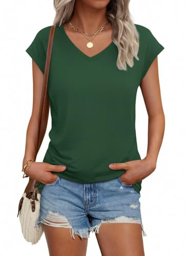 Suncife Womens Summer Casual V Neck Loose Fit T Shirts Cap Sleeve Tops | Breathable and Soft Fabric, Comfy to Your Skin, Dressy Plain Design, Suitable for Going Out and Summer Wear