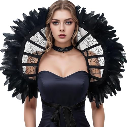 ASFWAGQ Spitzenkragen Feder Umhang Spitze Gothic Kostüm Federumhang Damen Stola Kragen Accessoire Viktorianisch Raben Kostüm für Halloween, Karneval, Karneval, Cosplay, Maskerade, Bühnenshow