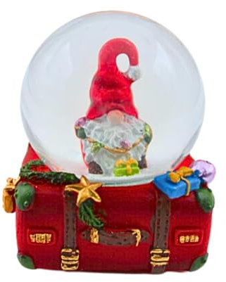 Schüttelkugel, Glaskugel Weihnachten, Wichtelkugel, Schneekugel als Wichtel mit tiefgezogener Mütze auf Reisekoffer mit vielen kleinen Details in rot, Maße H/B/Ø Kugel: ca. 8 x 7 cm/Ø 6,5 cm.