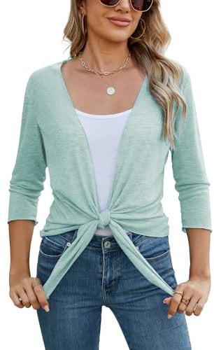 Famulily Tie Front Summer Breathable Sheer Tops for Women Three-Quarter Sleeve Cardigans (XXL, Green)